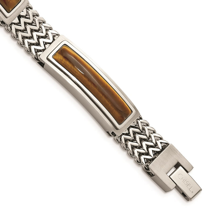 Chisel Brand Jewelry, Stainless Steel Brushed and Polished with Tiger's Eye 8.25in Bracelet