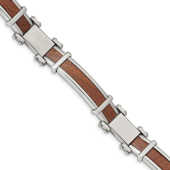 Chisel Brand Jewelry, Stainless Steel Polished with Wood Inlay 8.25in Bracelet