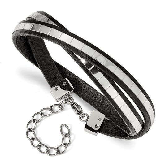 Chisel Brand Jewelry, Stainless Steel Polished Italian Leather 14.5in with 2in ext Wrap Bracelet