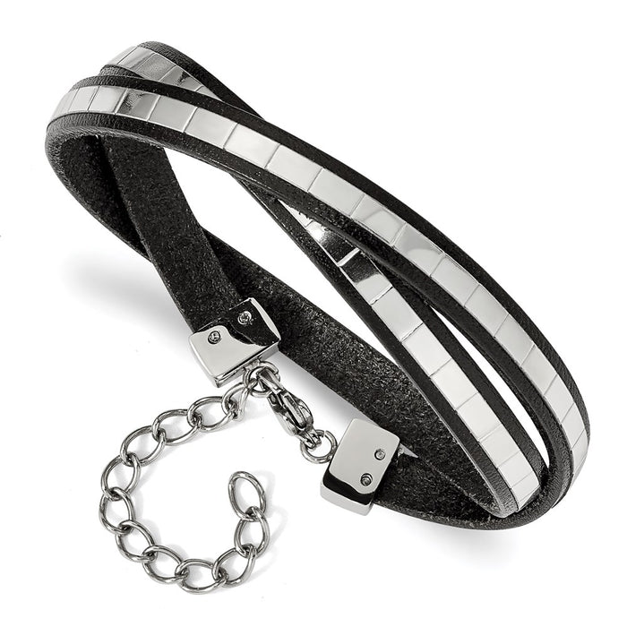 Chisel Brand Jewelry, Stainless Steel Polished Italian Leather 14.5in with 2in ext Wrap Bracelet