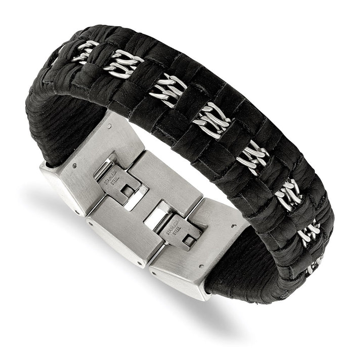 Chisel Brand Jewelry, Stainless Steel Polished with Black Woven Leather 7in with 0.5in ext. Brace