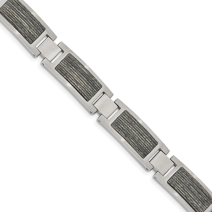 Chisel Brand Jewelry, Stainless Steel Brushed with Gray Wood Inlay 8.75in Link Bracelet