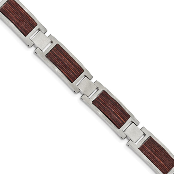 Chisel Brand Jewelry, Stainless Steel Brushed with Wood Inlay 8.75in Link Bracelet