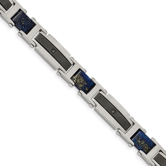 Chisel Brand Jewelry, Stainless Steel Polished Black IP with Genuine Lapis & Black CZ 8.75in Bracel
