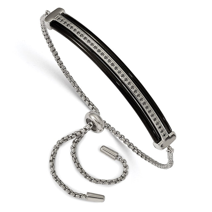 Chisel Brand Jewelry, Stainless Steel Polished Black IP-plated with Black CZ Adjustable Bracelet