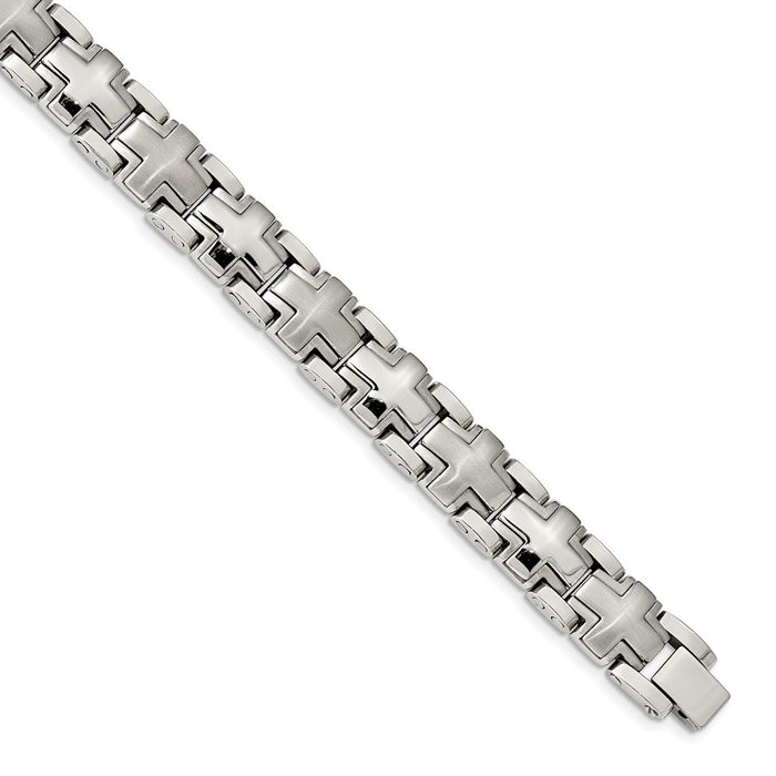 Chisel Brand Jewelry, Stainless Steel Brushed and Polished Cross 8.25in Heavy Link Bracelet