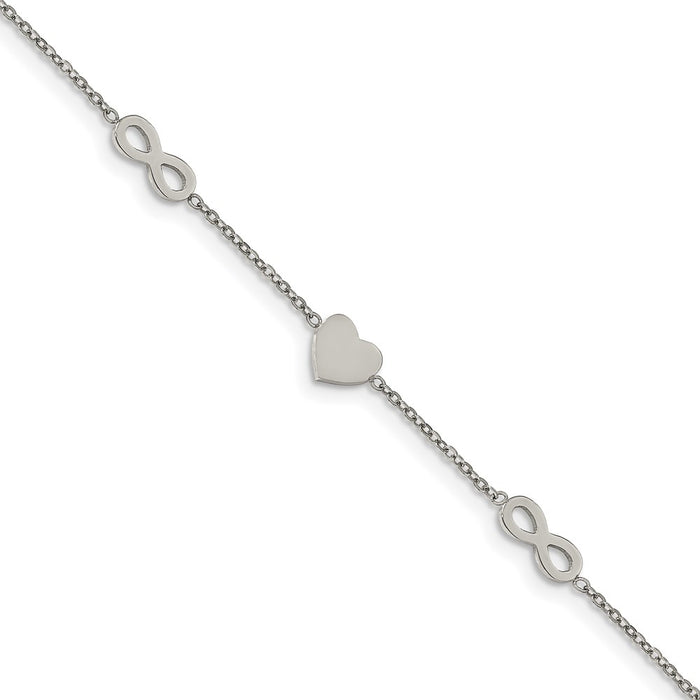 Chisel Brand Jewelry, Stainless Steel Polished 7in with 1in ext. Heart and Infinity Bracelet