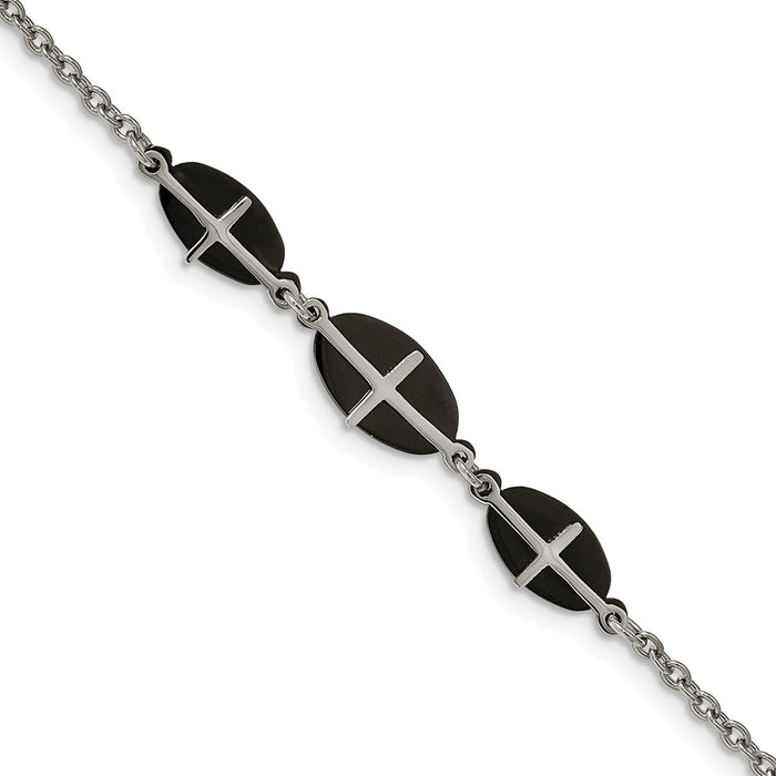 Chisel Brand Jewelry, Stainless Steel Polished Black IP-plated 7in with 1in ext. Cross Bracelet