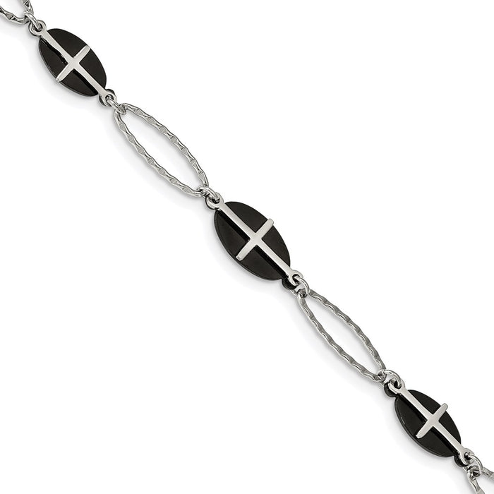 Chisel Brand Jewelry, Stainless Steel Polished Black IP-plated 7in with 1in ext. Cross Bracelet