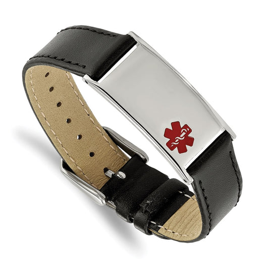 Chisel Brand Jewelry, Stainless Steel Polished Enameled Leather Adju. 6.5in to 8.25in Medical Bra
