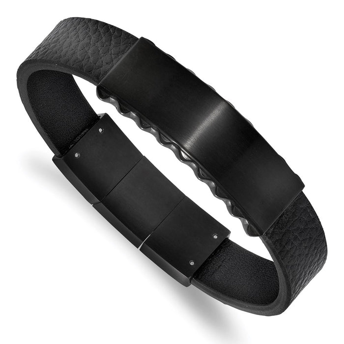 Chisel Brand Jewelry, Stainless Steel Brushed & Polished Black IP Leather with .5in ext. ID Bracelet