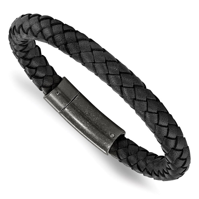 Chisel Brand Jewelry, Stainless Steel Brushed Black Braided Genuine Leather 8.25in Bracelet