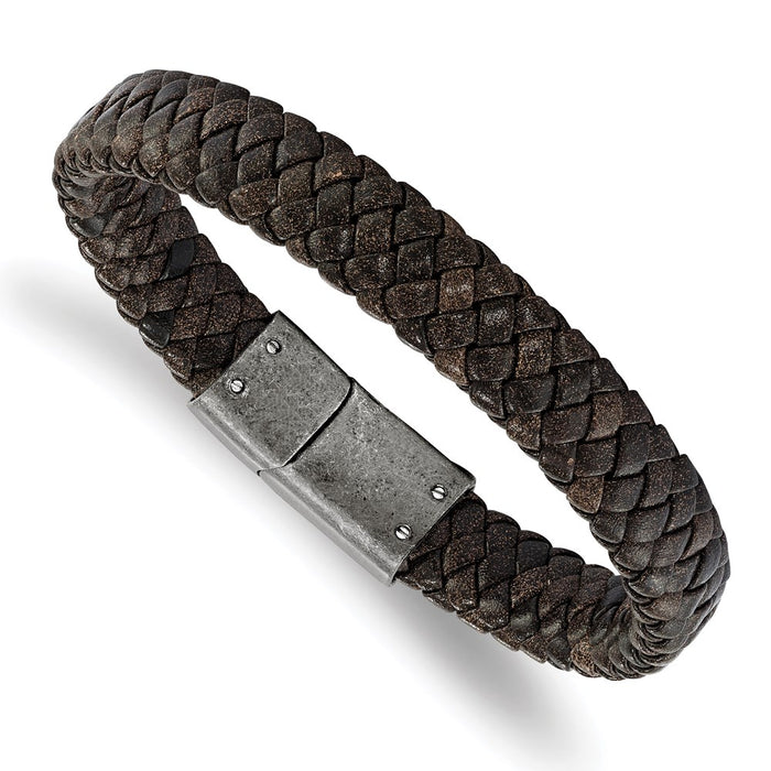 Chisel Brand Jewelry, Stainless Steel Brushed Brown Braided Genuine Leather 8.25in Bracelet