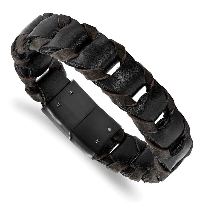 Chisel Brand Jewelry, Stainless Steel Black IP-plated Black and Brown Leather 8.25in Bracelet