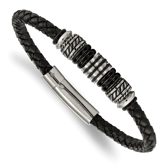 Chisel Brand Jewelry, Stainless Steel Polished and Black IP Bead Braided Black Leather Bracelet