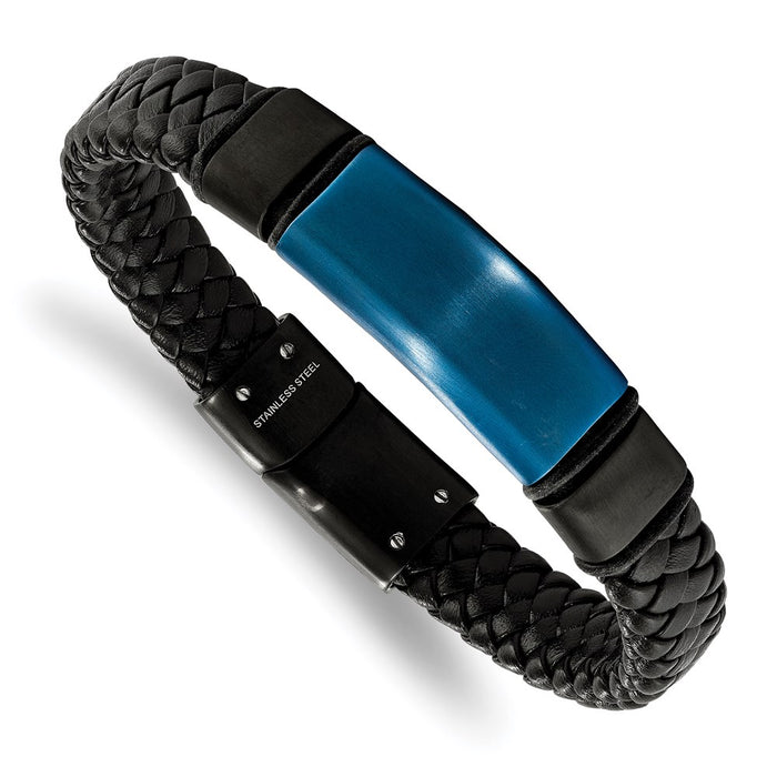 Chisel Brand Jewelry, Stainless Steel Black & Blue IP-plated with Silicone & Leather 8.25in Bracelet