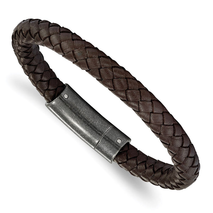 Chisel Brand Jewelry, Stainless Steel Brushed Brown Braided Genuine Leather 8.25in Bracelet