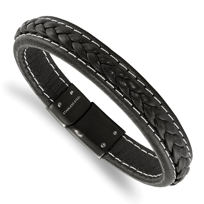 Chisel Brand Jewelry, Stainless Steel Black IP-plated Genuine Black Leather 8.25in Bracelet