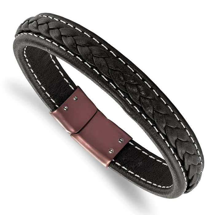 Chisel Brand Jewelry, Stainless Steel Brown IP-plated Genuine Leather 8.25in Bracelet