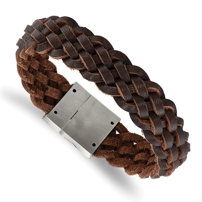 Chisel Brand Jewelry, Stainless Steel Brushed Brown Leather Braided Bracelet