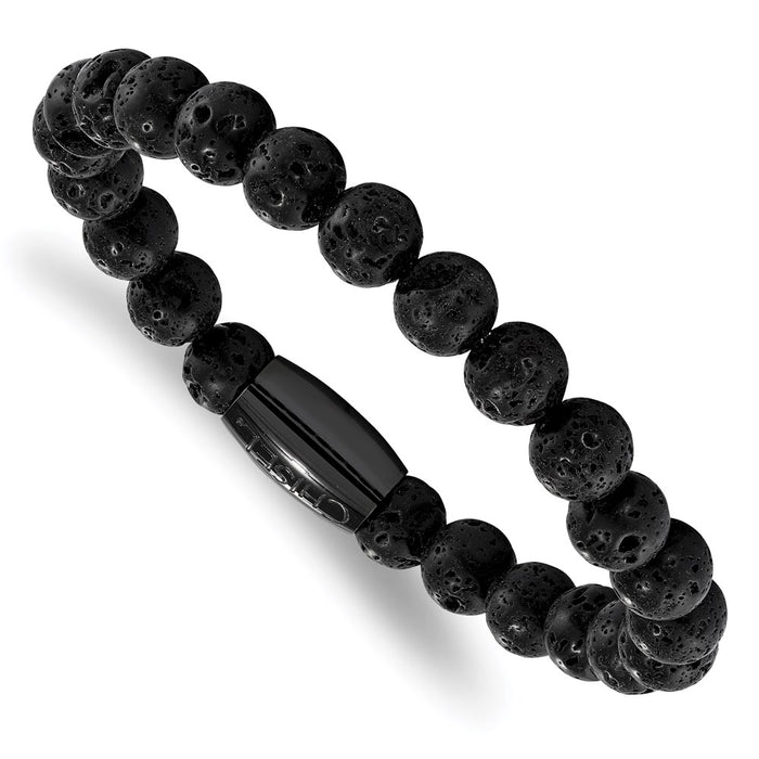 Chisel Brand Jewelry, Stainless Steel Polished Black IP-plated Lava Rock Beaded Stretch Bracelet