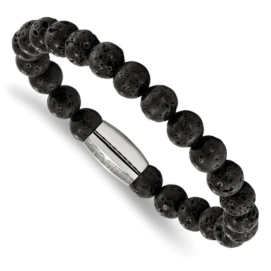 Chisel Brand Jewelry, Stainless Steel Polished Lava Rock Beaded Stretch Bracelet