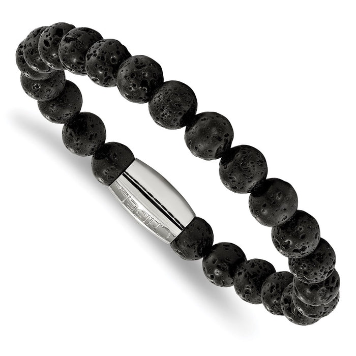 Chisel Brand Jewelry, Stainless Steel Polished Lava Rock Beaded Stretch Bracelet