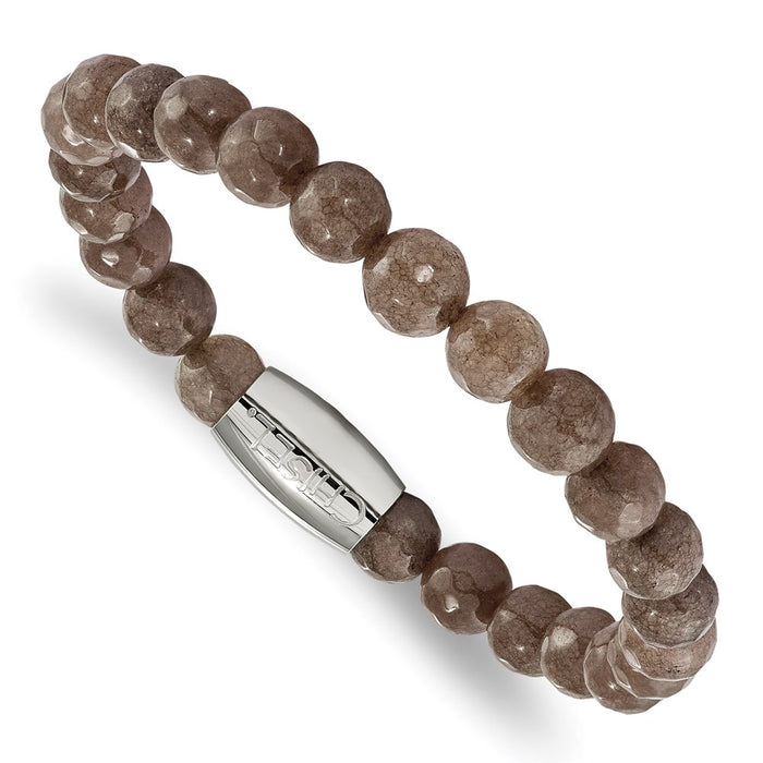 Chisel Brand Jewelry, Stainless Steel Polished Brown Jade Bead Stretch Bracelet