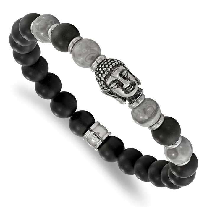 Chisel Brand Jewelry, Stainless Steel Buddha Black Agate/Grey Jasper Beaded Stretch Bracelet