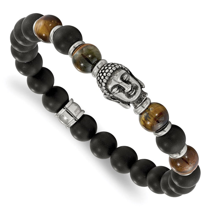 Chisel Brand Jewelry, Stainless Steel Buddha Black Agate Tiger Eye Beaded Stretch Bracelet