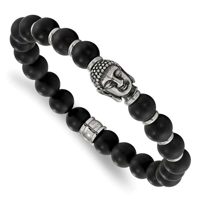 Chisel Brand Jewelry, Stainless Steel Buddha Black Agate Beaded Stretch Bracelet