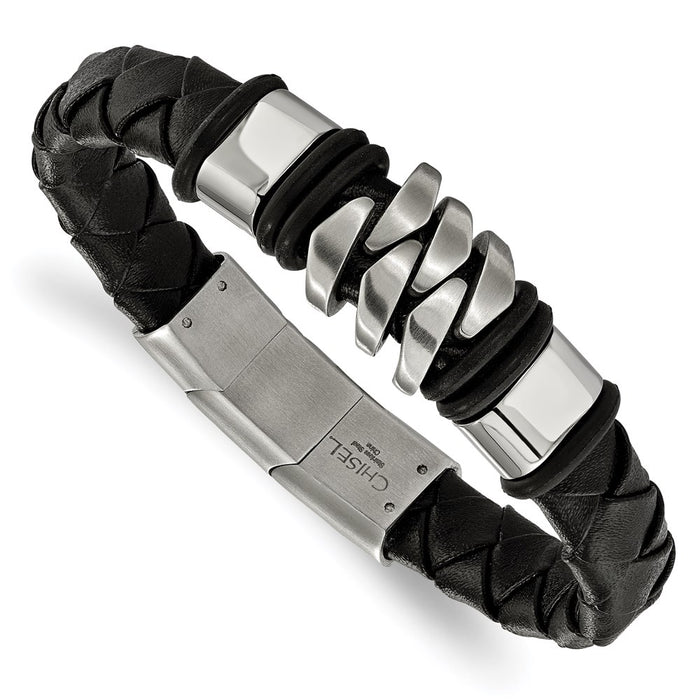 Chisel Brand Jewelry, Stainless Steel Brushed and Polished Black Leather (.5in extra link) Bracel