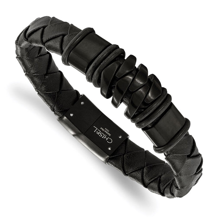 Chisel Brand Jewelry, Stainless Steel Brushed Black IP-plated Black Leather Bracelet