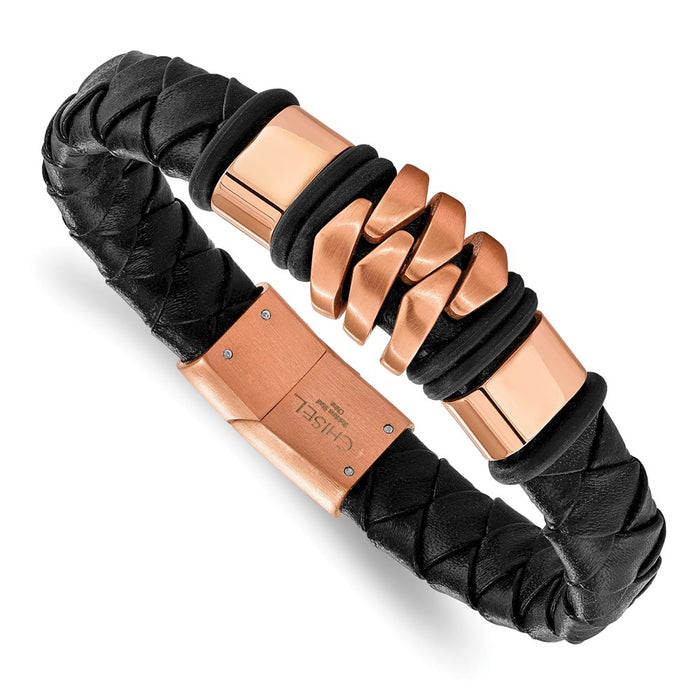 Chisel Brand Jewelry, Stainless Steel Brushed Rose IP-plated Black Leather Bracelet