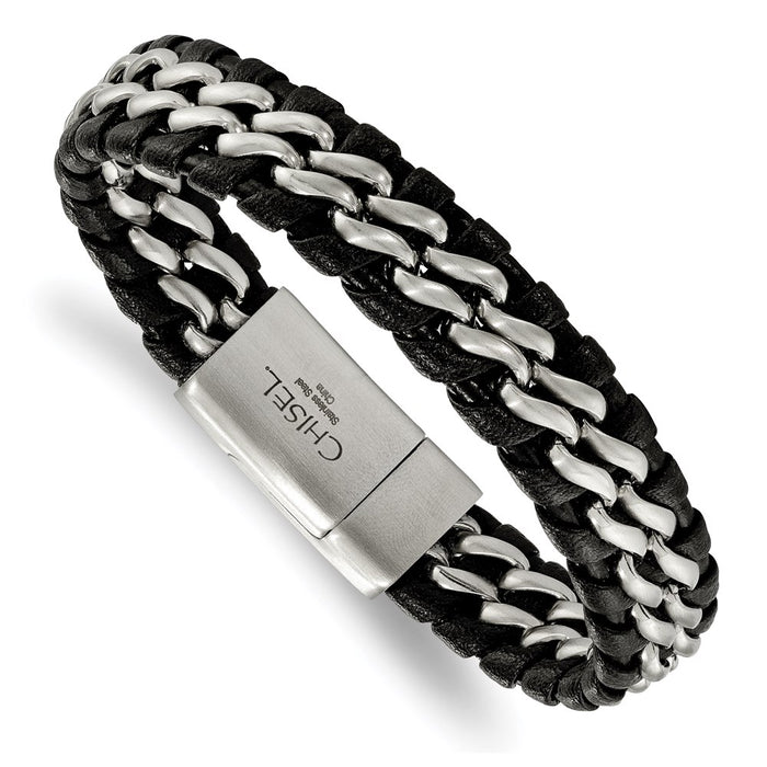 Chisel Brand Jewelry, Stainless Steel Brushed Black Leather Bracelet