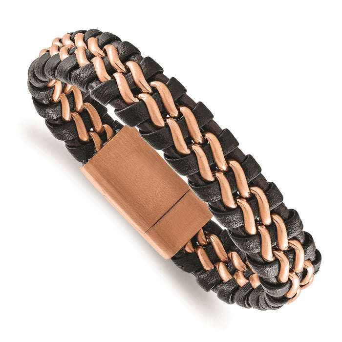 Chisel Brand Jewelry, Stainless Steel Brushed Rose IP-plated Brown Leather Bracelet