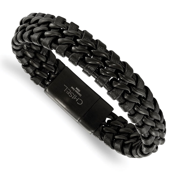 Chisel Brand Jewelry, Stainless Steel Brushed Black IP-plated Black Leather Bracelet