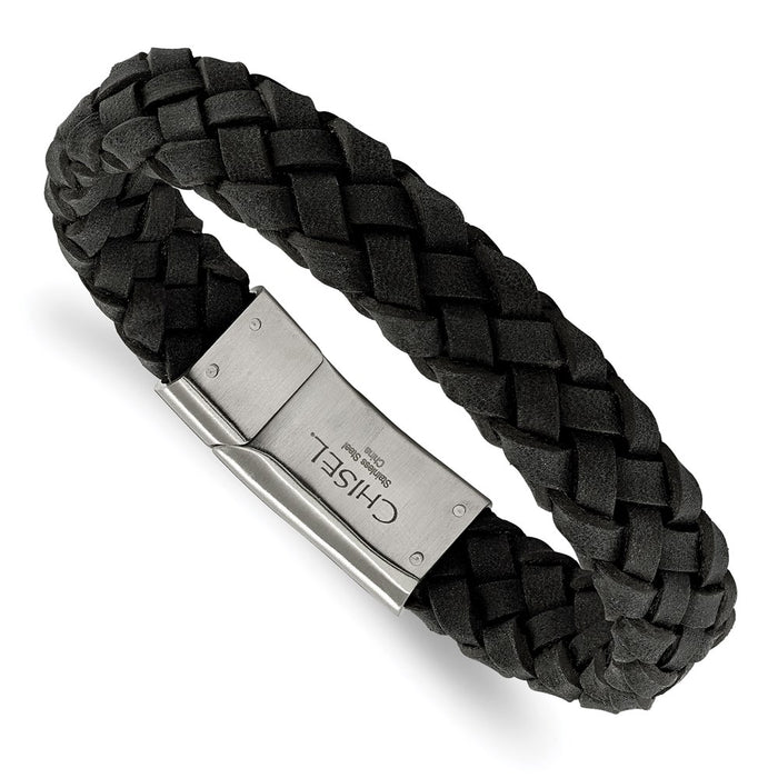 Chisel Brand Jewelry, Stainless Steel Brushed Black Leather Bracelet