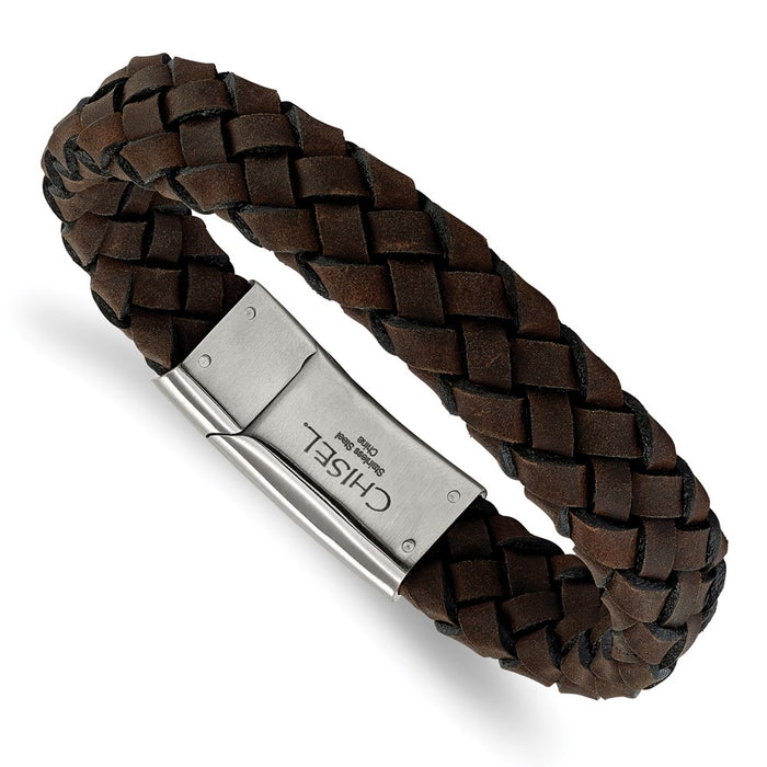 Chisel Brand Jewelry, Stainless Steel Brushed Brown Leather Bracelet