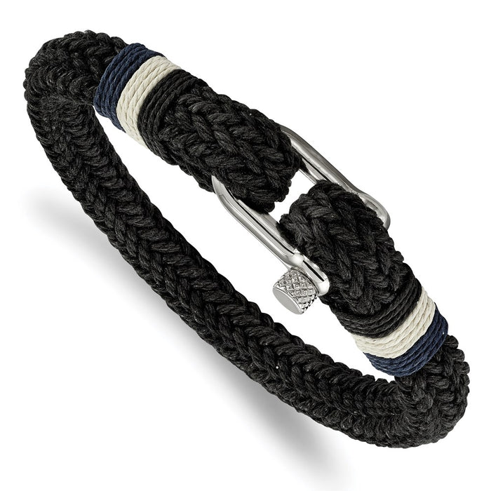 Chisel Brand Jewelry, Stainless Steel Polished Woven Black Cotton Bracelet