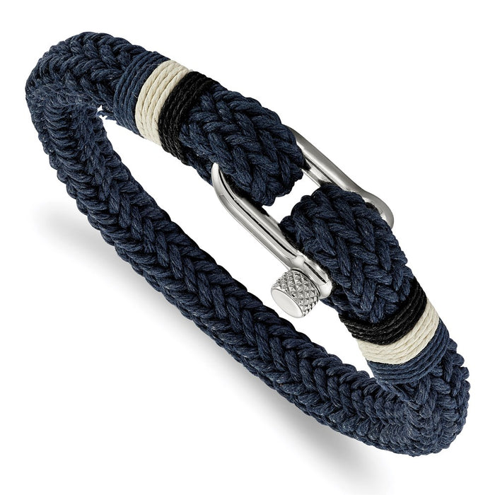 Chisel Brand Jewelry, Stainless Steel Polished Woven Navy Cotton Bracelet