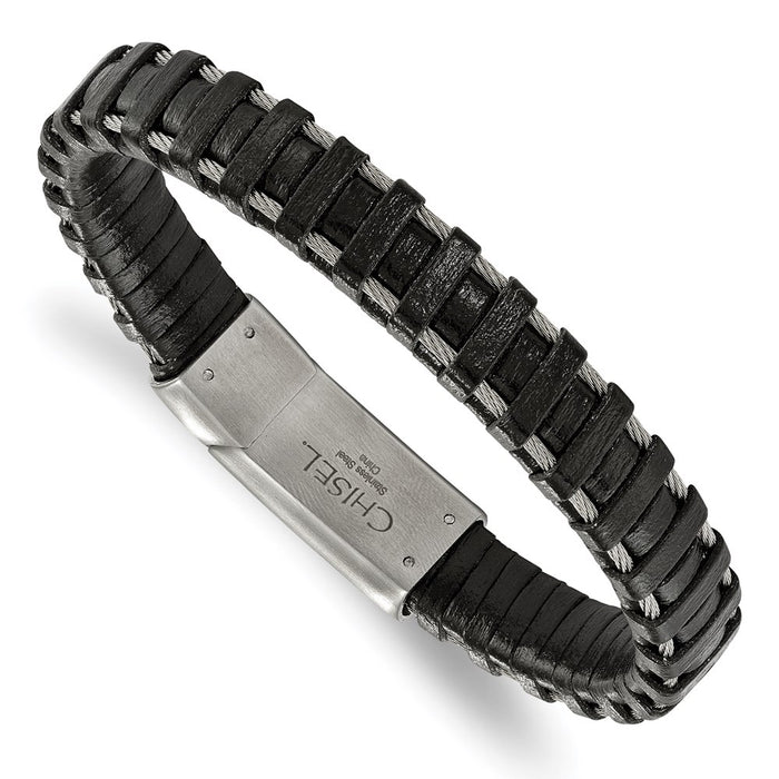 Chisel Brand Jewelry, Stainless Steel Brushed Cable and Black Leather Bracelet