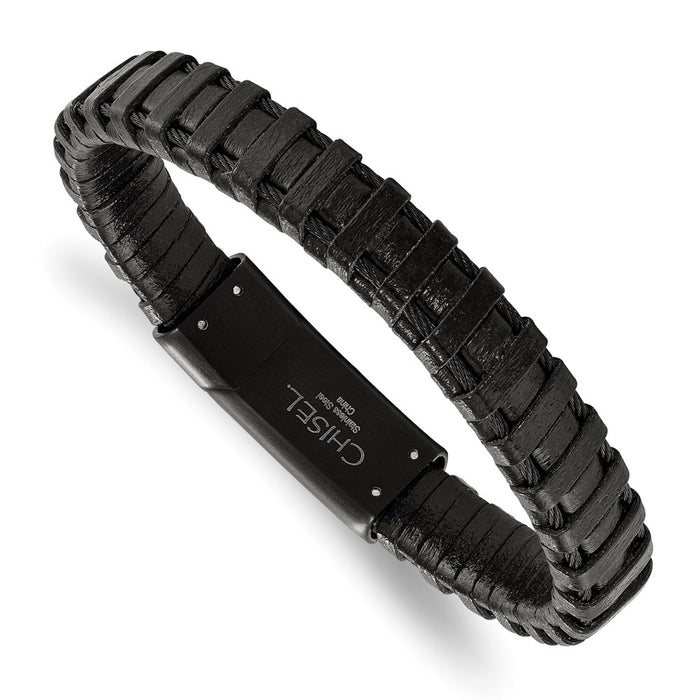 Chisel Brand Jewelry, Stainless Steel Black IP-plated Cable and Black Leather Bracelet