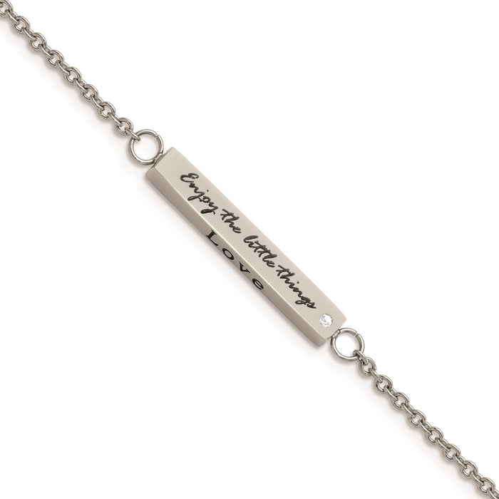 Chisel Brand Jewelry, Stainless Steel Polished CZ Enjoy the little things with 1.5in ext Bar Bracel