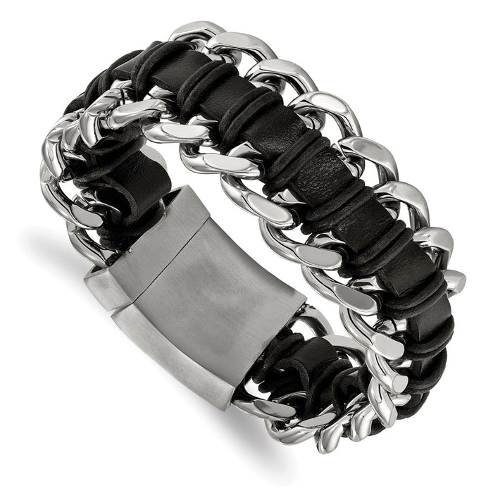 Chisel Brand Jewelry, Stainless Steel Brushed and Polished Black Leather Bracelet