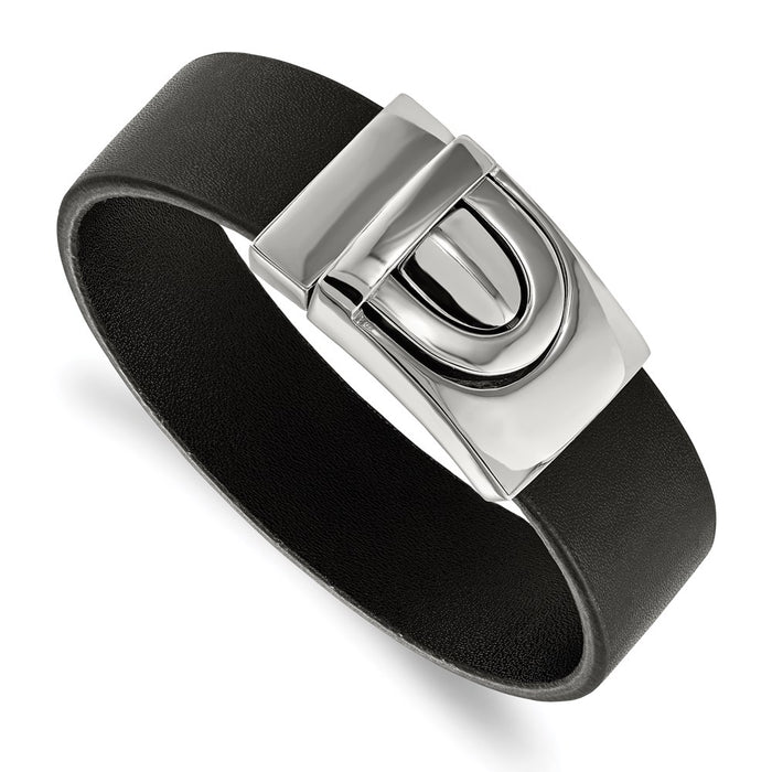 Chisel Brand Jewelry, Stainless Steel Polished Black Leather Bracelet