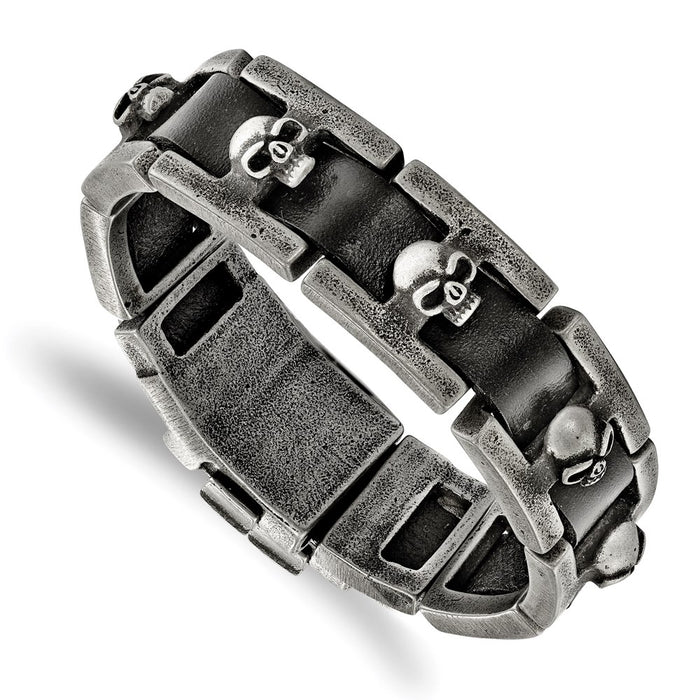 Chisel Brand Jewelry, Stainless Steel Brushed Antiqued Skull Black Leather Bracelet