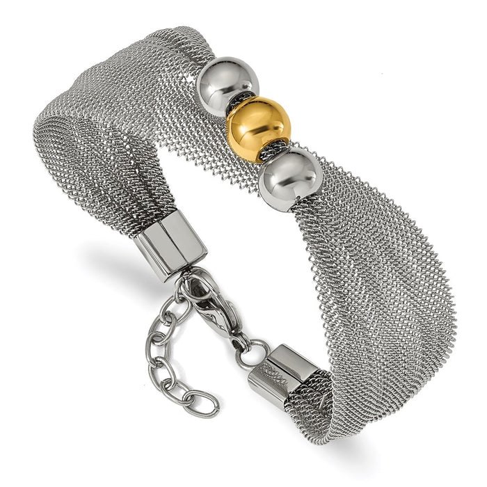 Chisel Brand Jewelry, Stainless Steel Polished Yellow IP-plated Bead Mesh 7in with 1in ext. Bracelet