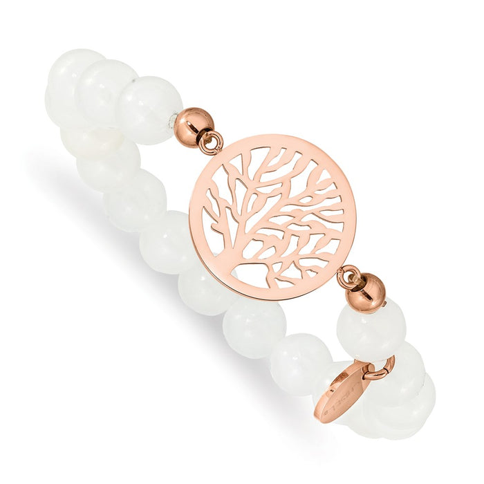 Chisel Brand Jewelry, Stainless Steel Polished Rose IP-plated Tree White Jade Stretch Bracelet