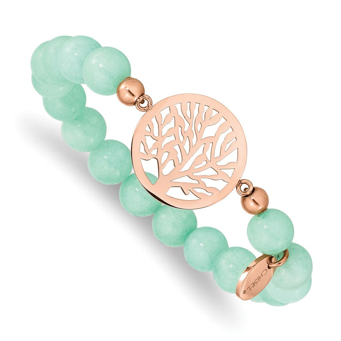 Chisel Brand Jewelry, Stainless Steel Polished Rose IP Tree Green Dyed Jade Stretch Bracelet